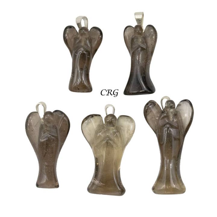 Smoky Quartz Angel Pendant with Silver Bail (5 Pieces) Size 25 to 35 mm Crystal Jewelry Charm for wholesale by Crystal River Gems LLC