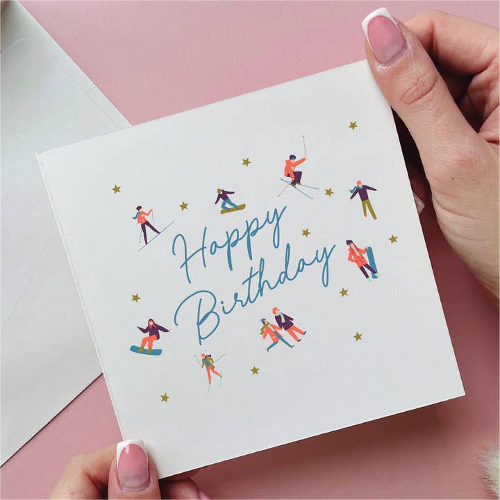 Biglietto di compleanno per sciatori di montagna per la vendita all'ingrosso da parte di Alphabet Studios