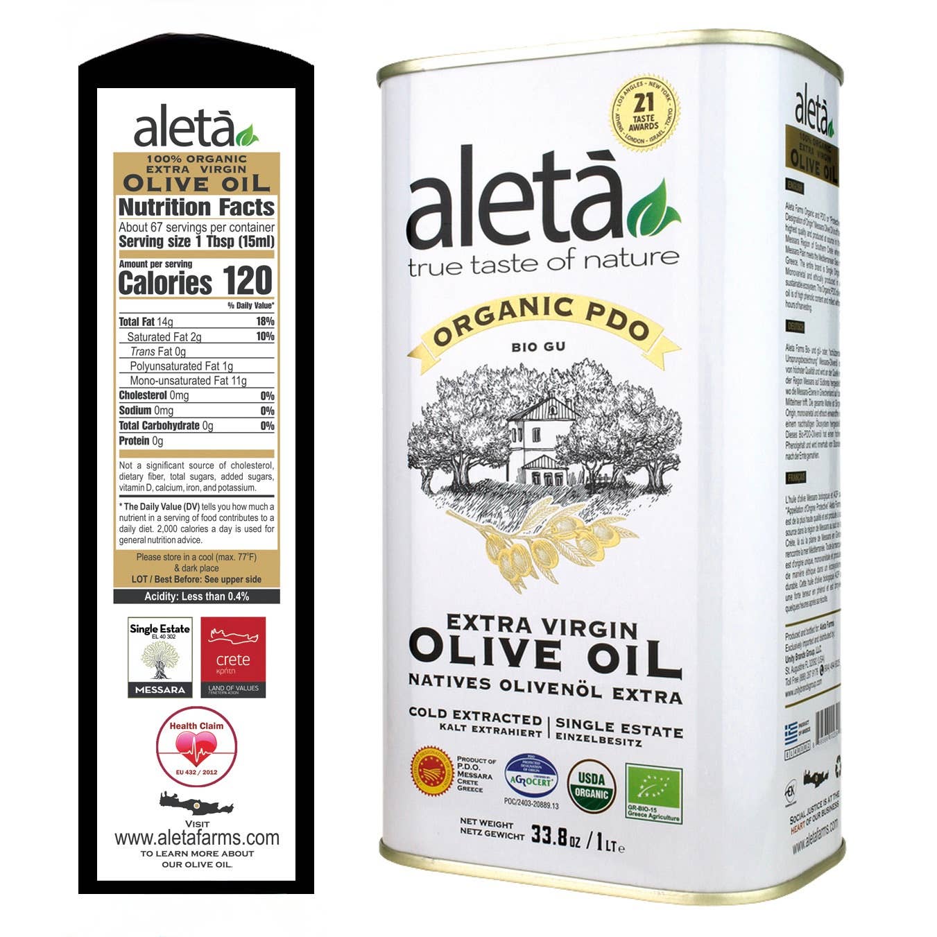 ALETA FARMS - Wholesale Olive Oil - Aleta Organic Estate, Greek Extra Virgin Olive Oil, 1 Lt Tin2