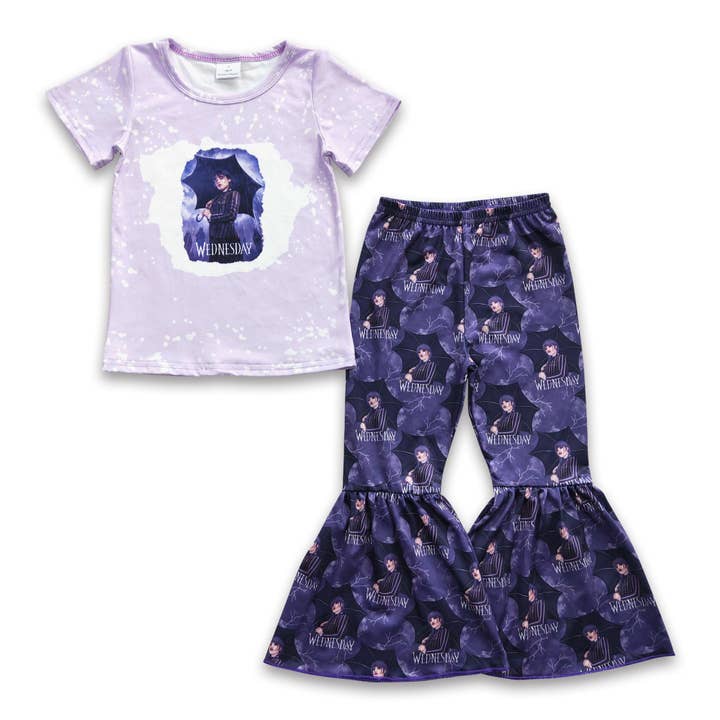 Lavender bleached shirt pants movie girls clothing set for wholesale by Yawoo Garments