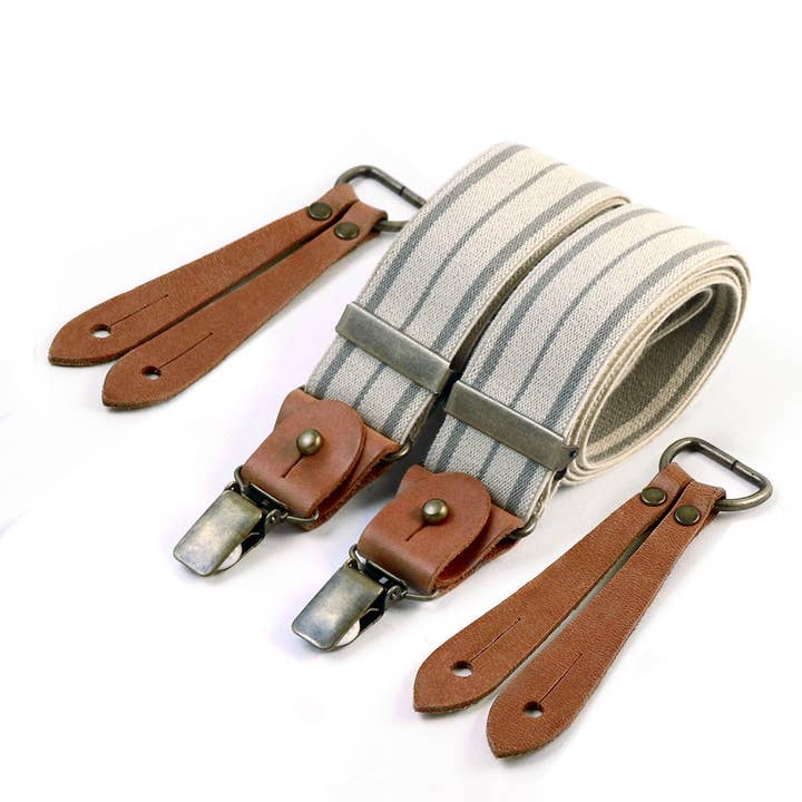 Selvedge wide suspenders with cognac leather - Grey for wholesale by Bertelles