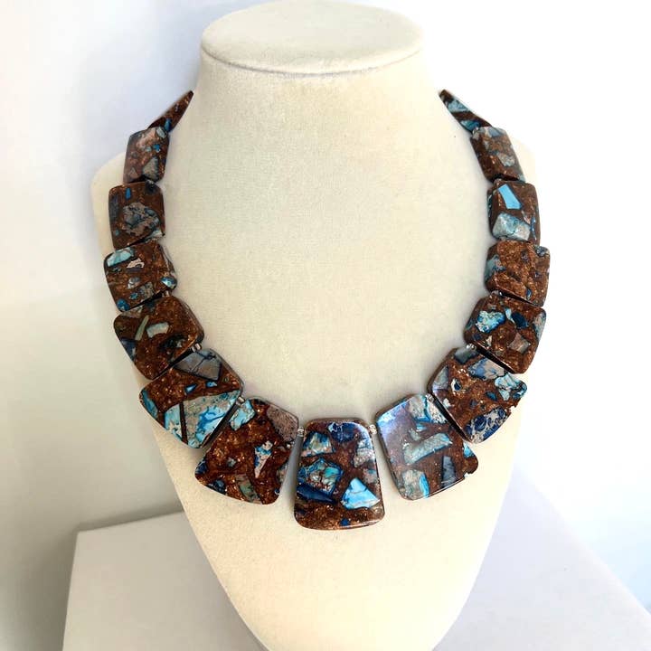 Merritt Millie - Wholesale Beaded/Pearl Necklace - Brown & Turquoise Gemstone Chunky Statement Necklace0