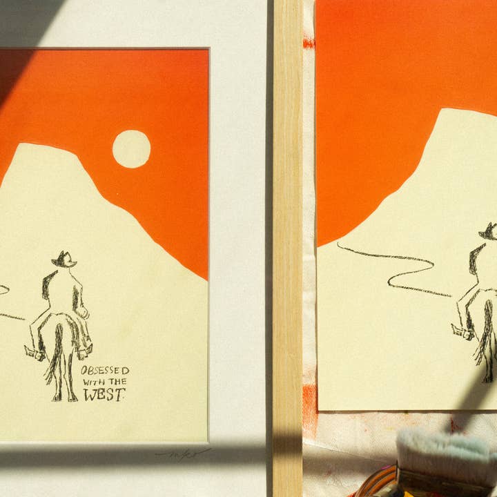 Mel K. Olrich Art - Wholesale Art Print - Cowboy riding off into the sunset, modern western wall art6