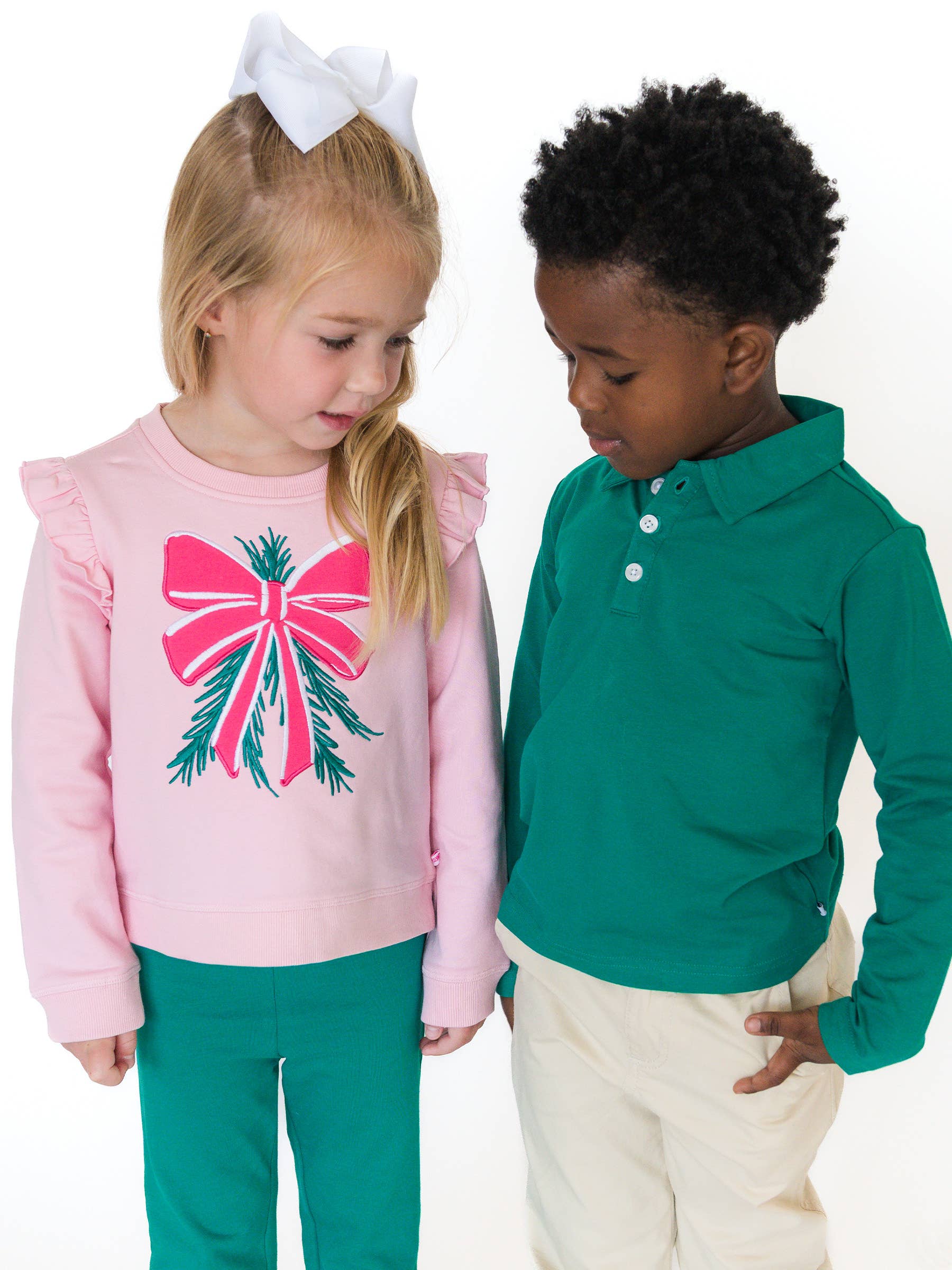 Girls Pink Mistletoe Bow Applique Flutter Sweatshirt for wholesale on Faire3