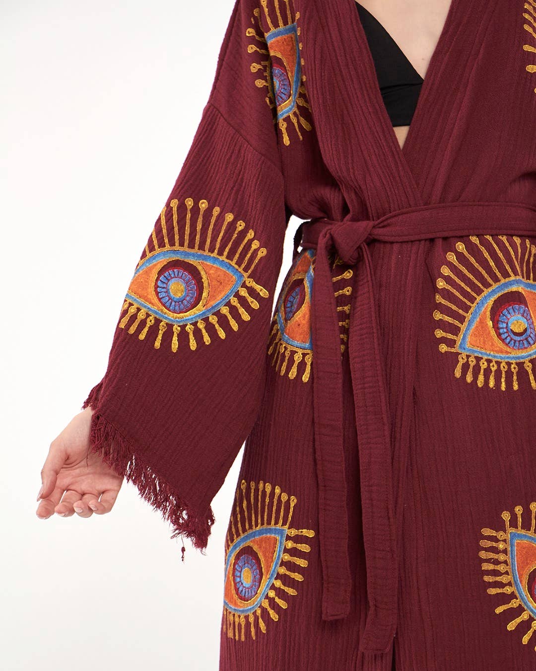 Yaz Concepts - Wholesale Kimono - Women's - Burgundy Evil Eye Print Bathrobe Festival Kimono Robe 7