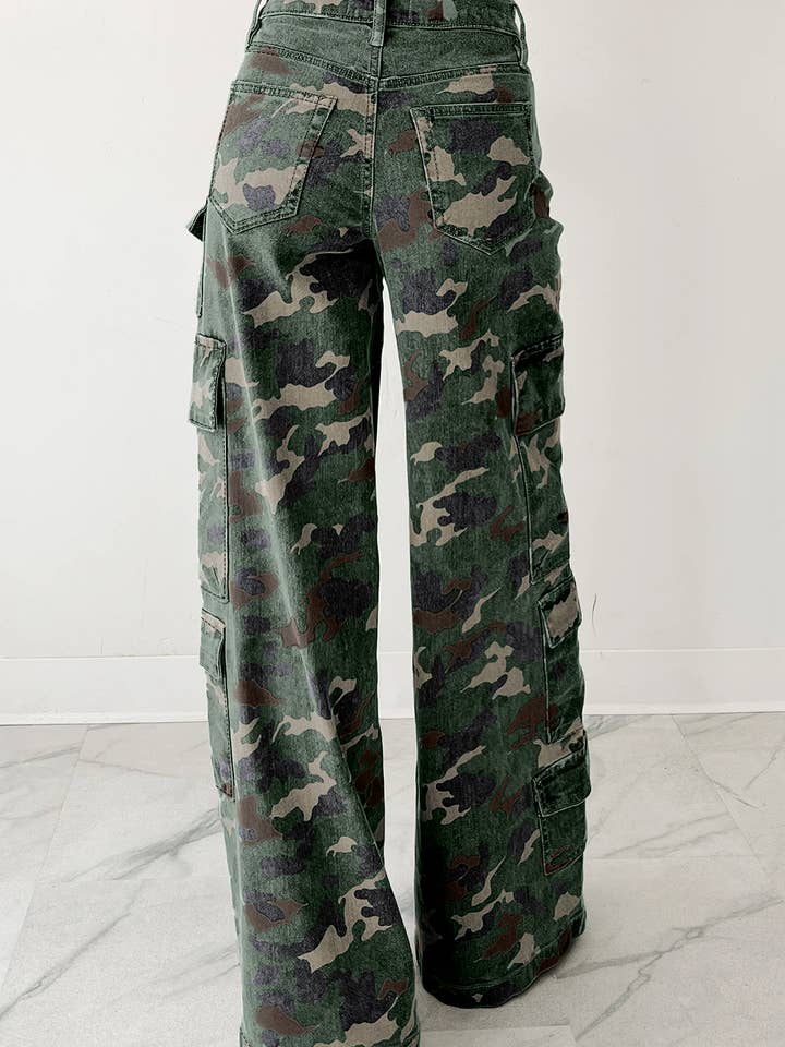 Lovesoft – Engroshandel Bukser - Dame – Grønne camo denim cargo bukser med brede ben6