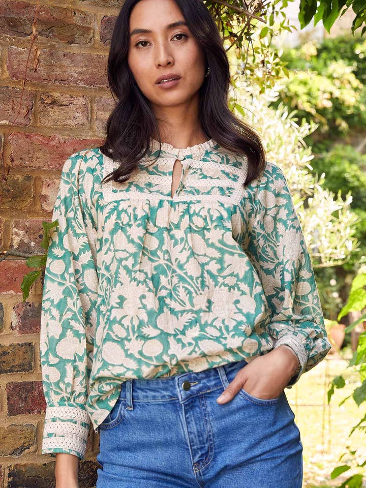 Margot Block Print Blouse | Tea Rose Green/Taupe for wholesale by Aspiga