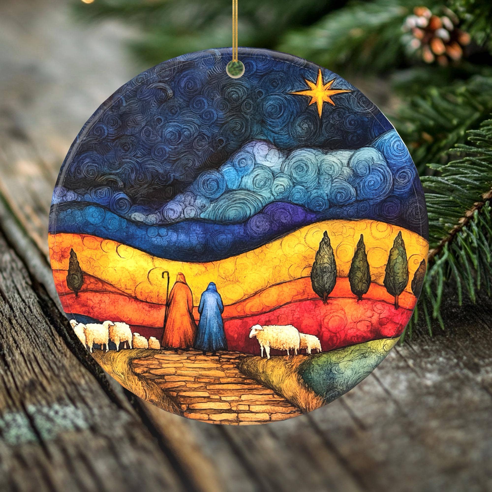 Peeping Tom's Cottage - Wholesale Ornament - Shepherds’ Journey Porcelain Christmas Ornament - Nativity Scene with Star of Bethlehem - 2 Sided Holiday Keepsake