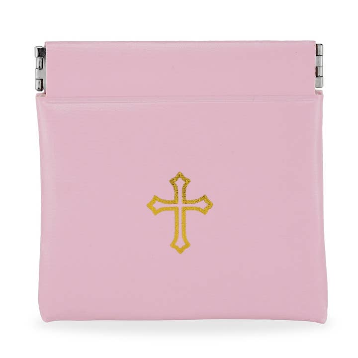 Pink Vinyl Rosary Pouch Squeeze Top Gold Cross Imprint for wholesale by RM Trading