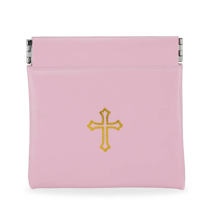 RM Trading - Wholesale Pouch - Women's - Pink Vinyl Rosary Pouch Squeeze Top Gold Cross Imprint