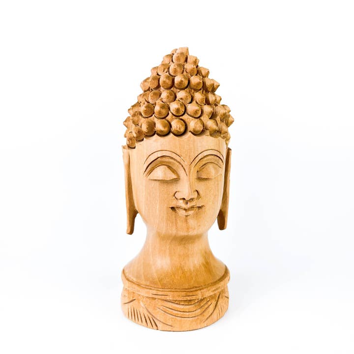 Buddha-Kopf-Holzstatue, 6,3 cm L x 12,7 cm H für den Großhandel von GREENROOTS USA LLC