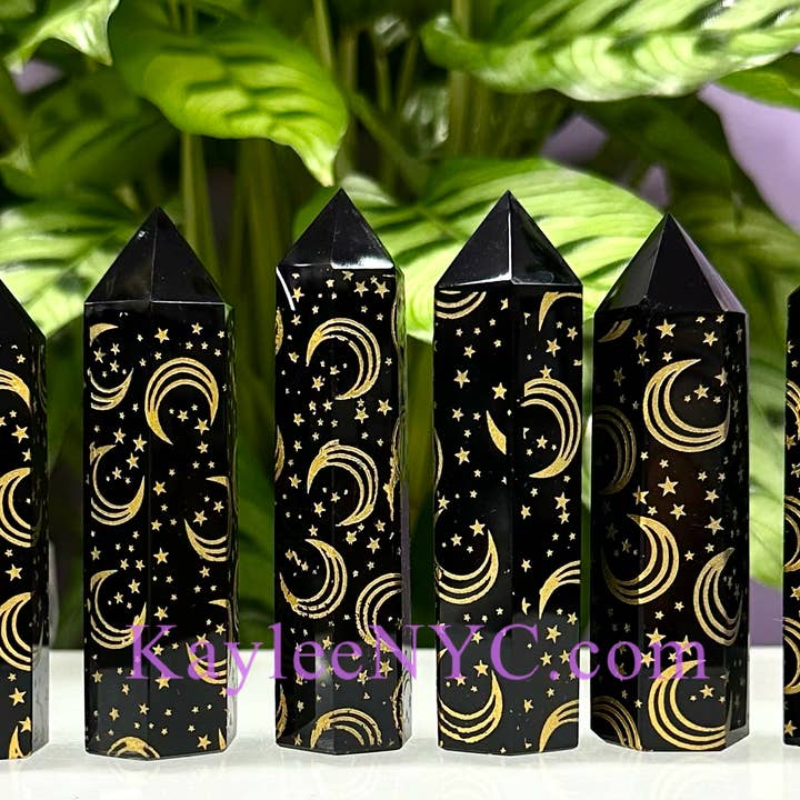 KayleeNYC - Wholesale Spiritual Stone/Crystal - 1 Lb Natural Black Obsidian Etched Moon & Star Tower
