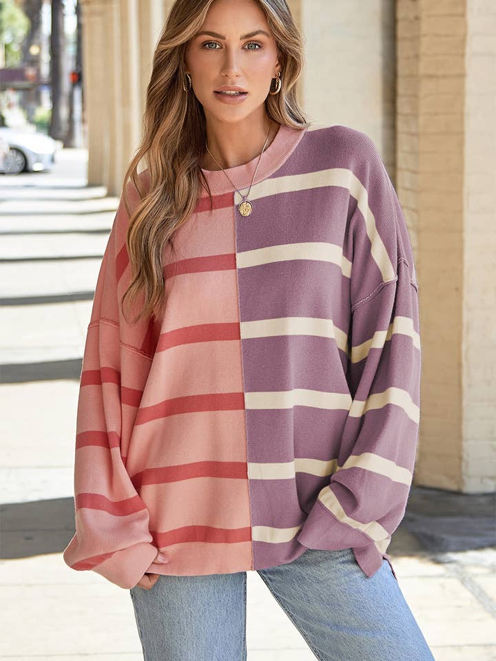Stripe Colorblock Oversized Sweater for wholesale by Amaryllis Apparel