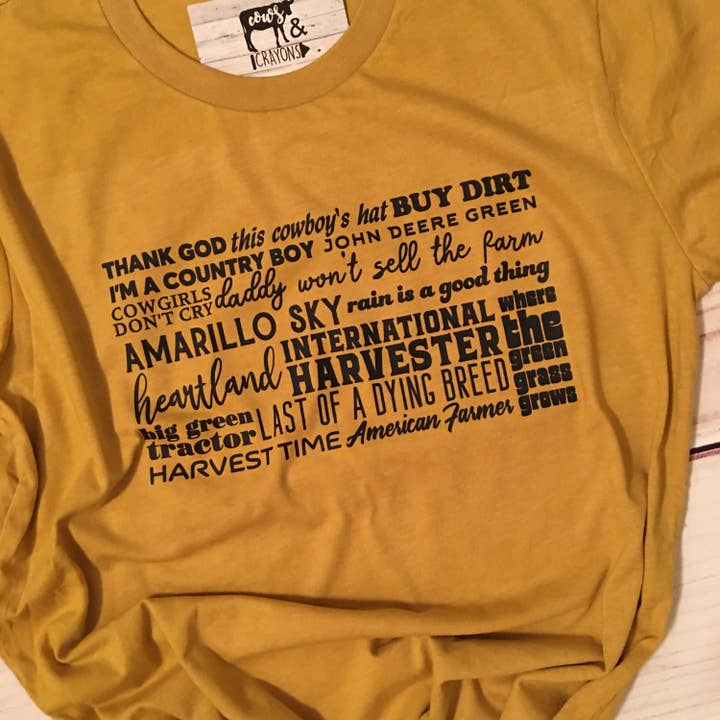 American Farmer Lyrics Tee, Western Graphic, 90-talsmusik för wholesale av Cows and Crayons