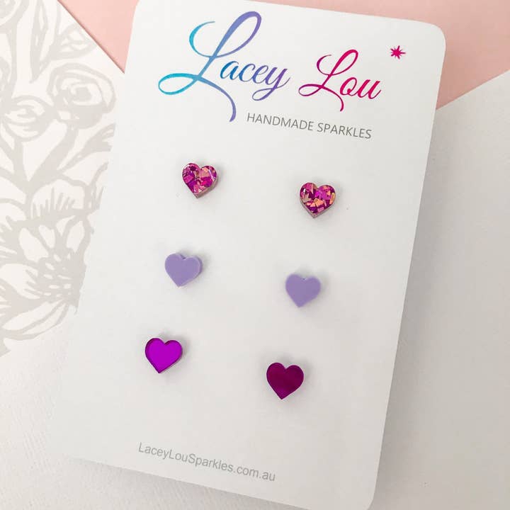 Small Heart Stud Set - Pink and Purple Acrylic Earrings for wholesale by Lacey Lou Sparkles