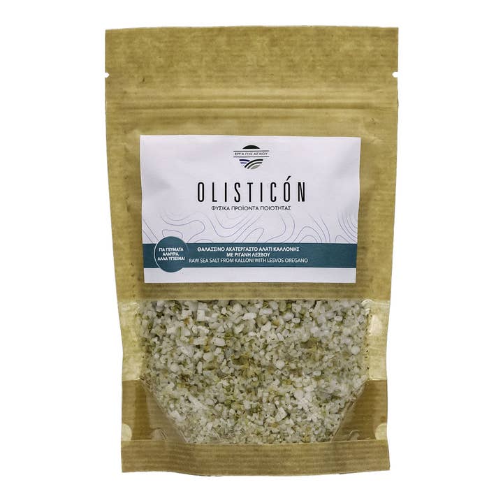 NATUURLIJK ZEEZOUT VAN LESVOS GRIEKENLAND MET WILDE OREGANO DOYPACK voor wholesale door OLISTICON