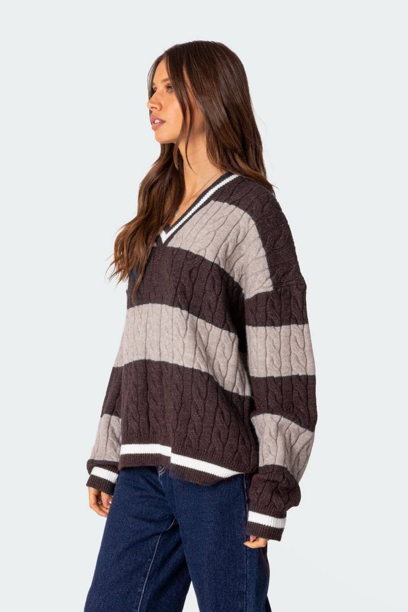 NINEXIS - Wholesale Knit Sweater - Women's - CWOSWL08090_V NECK STRIPED COLORBLOCK KNIT SWEATER7