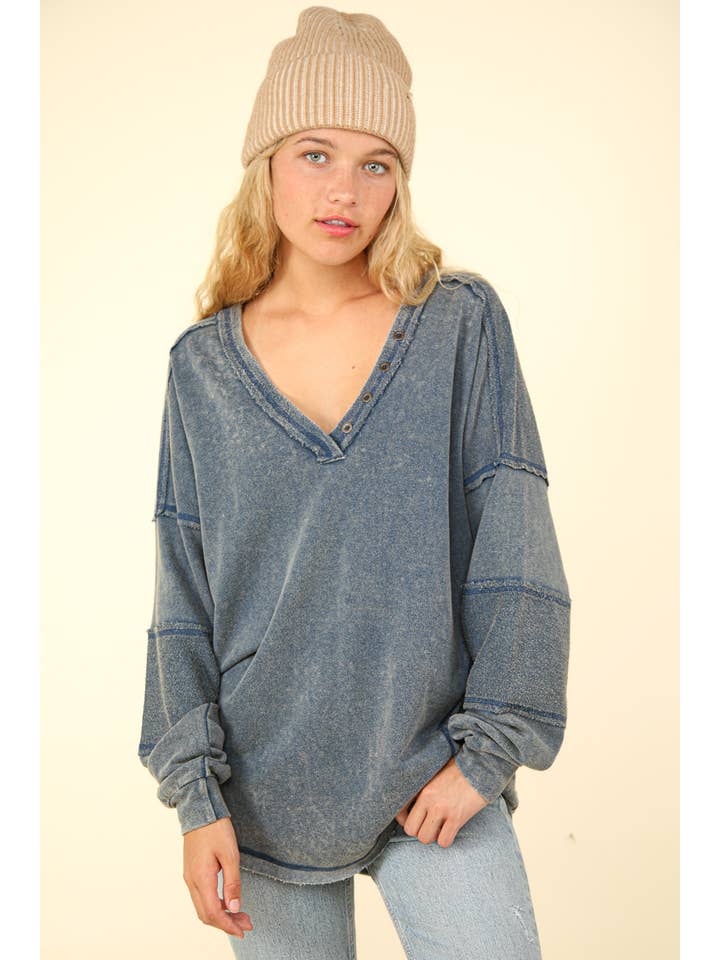 VERY J - Wholesale Knit Top - Women's - NT11802-Washed Knit V-Neck Oversized Top