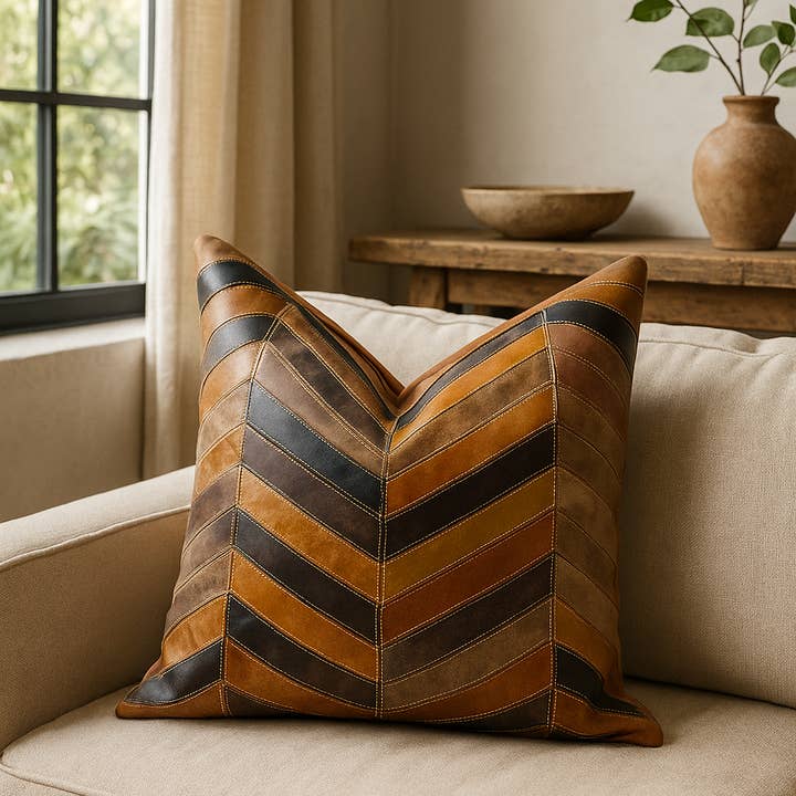 MLC - Wholesale Chair cushion - Chevron Patch Leather Cushion | 100% Genuine Leather | 45x45cm2