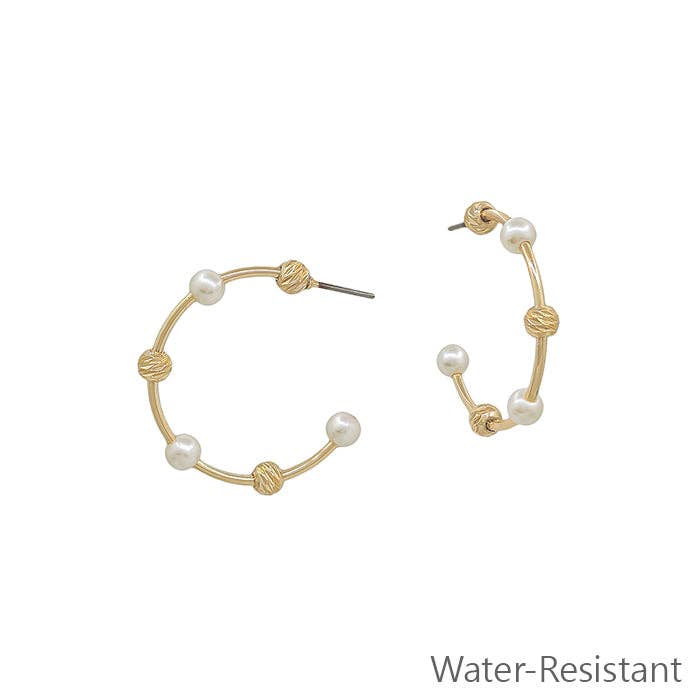 What's Hot - Wholesale Hoop Earrings - Water Resistant Gold Bar with Pearl and Textured Ball 1" Hoop Earring