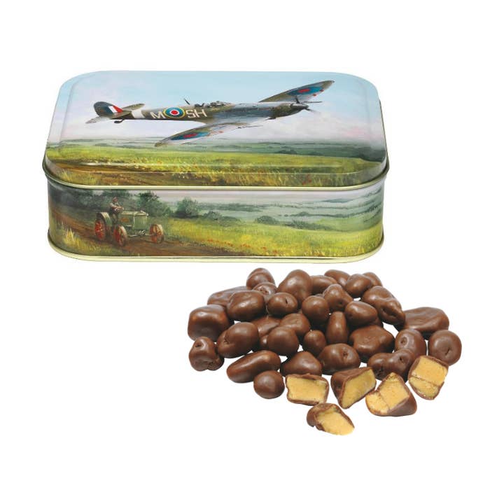 Derek Blois Spitfire Rectangular Tin with Choc Honey Crunch for wholesale by Tin Treats
