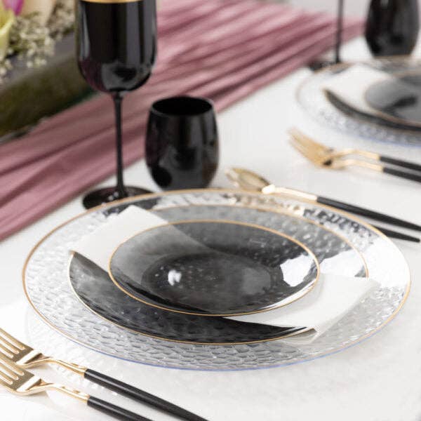 Transparent Black and Gold Round Hammered Plastic Plates - Organic Hammered for wholesale by Posh Setting