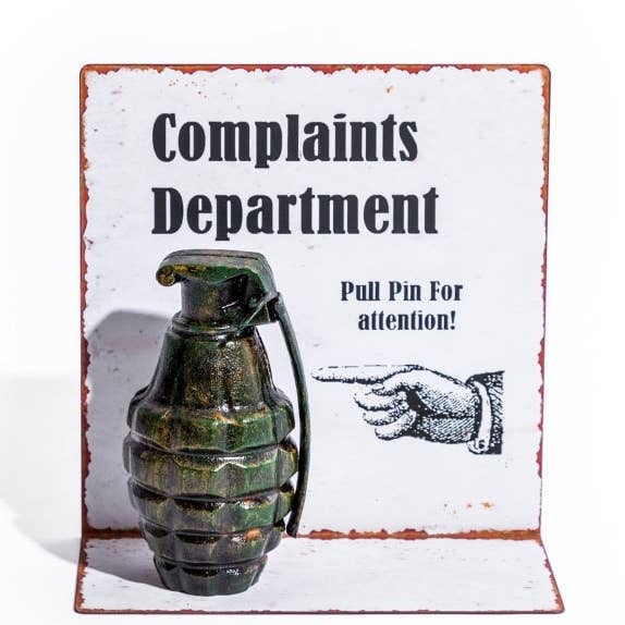 McGowan & Rutherford Ltd - Wholesale Desk/tabletop sign - Complaints Department Antiqued Metal Table Sign0