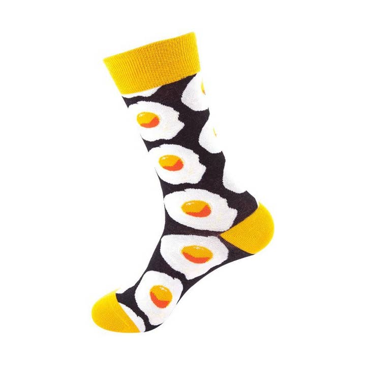 Chaussettes à tube central à imprimé œufs frits, chaussettes à motif alimentaire pour la vente par Tourtiwi