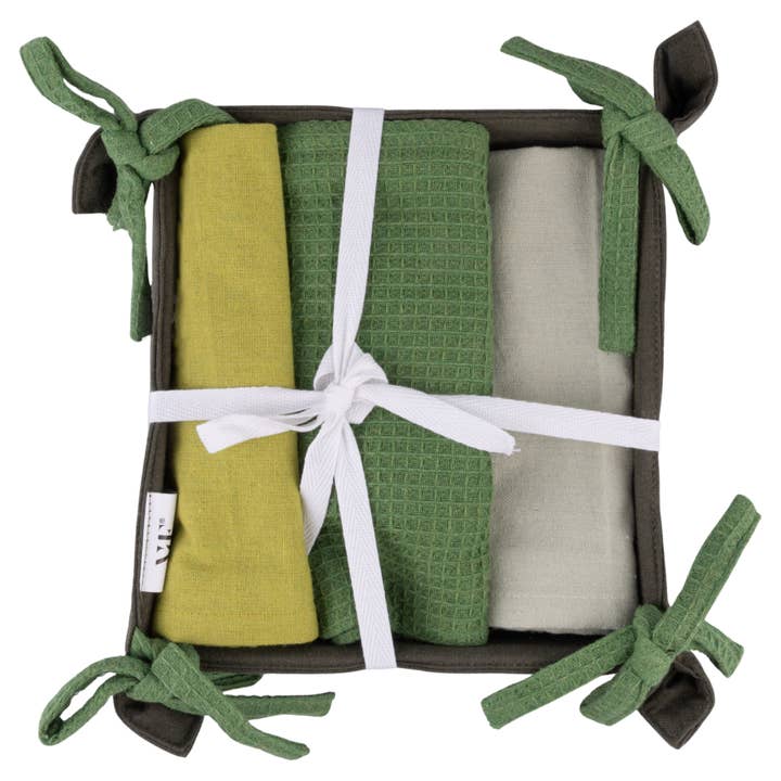 GREENERY SET 3 TEA TOWELS + BASKET for wholesale by VdE Tivoli 1996