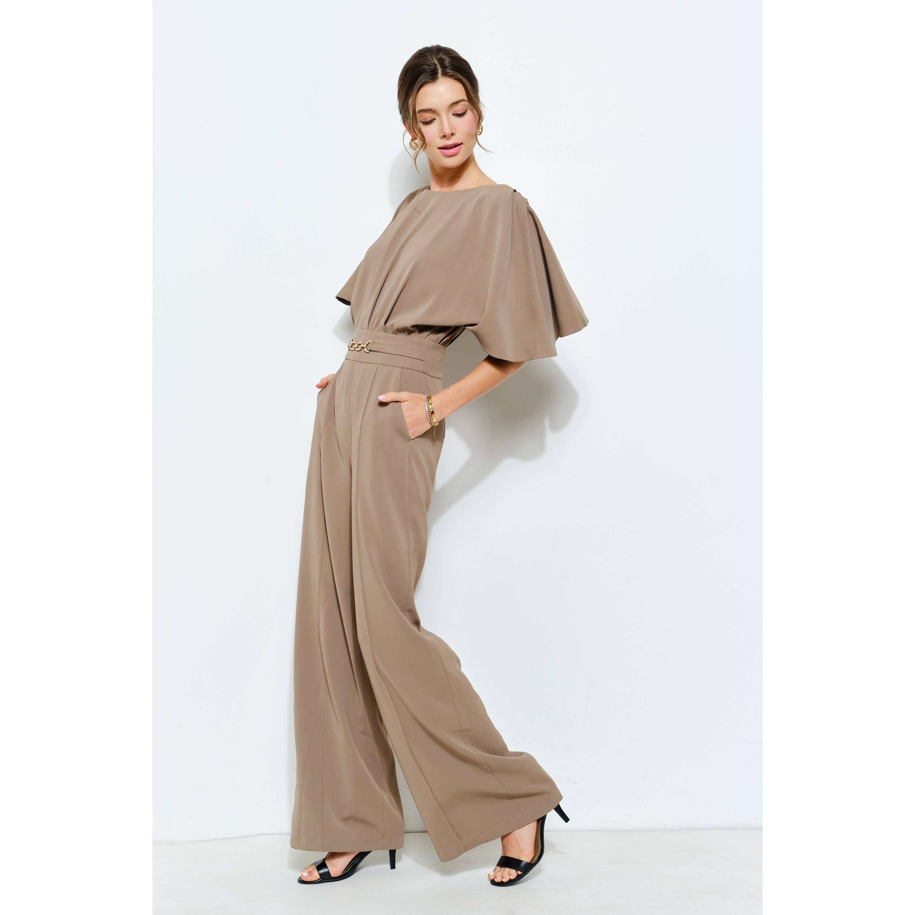 INA - Wholesale Romper - Women's - Flutter Kimino Sleeve Buckle Detail Wide Jumpsuit26