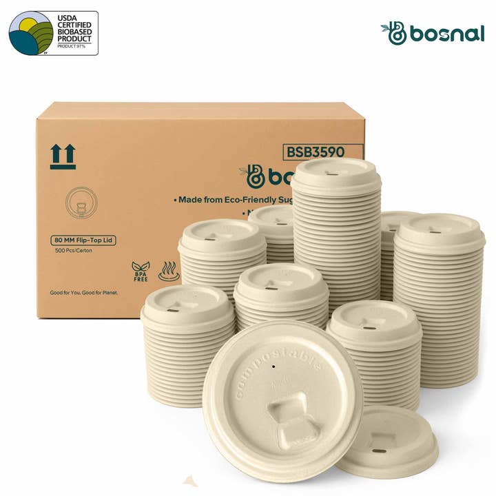 BOSNAL 8 oz Compostable Lids for 8 OZ Cups, Case of 20 (500) for wholesale by Bosnal