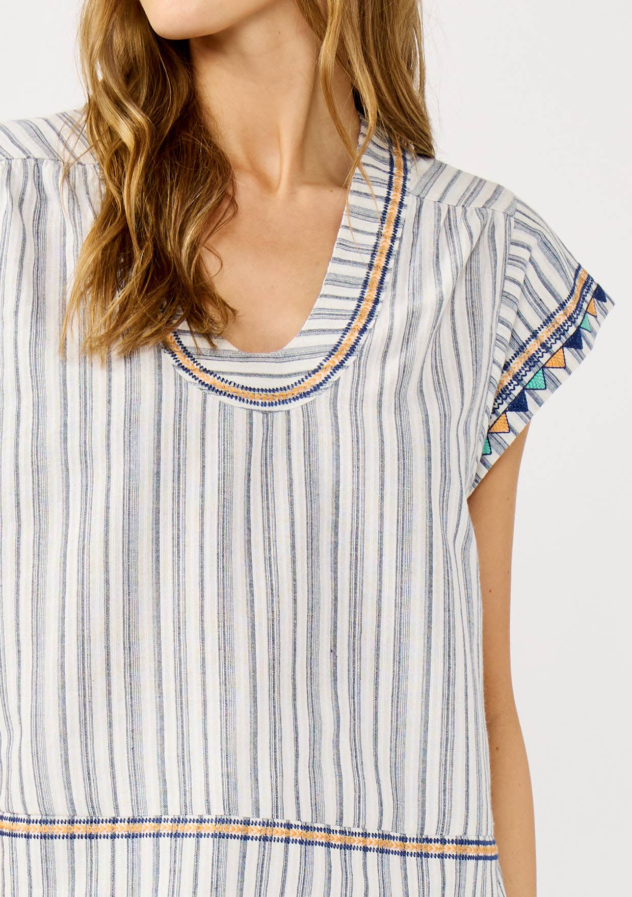 Off White Navy Embroidered Cap Sleeve Stripe Blouse for wholesale on Faire3