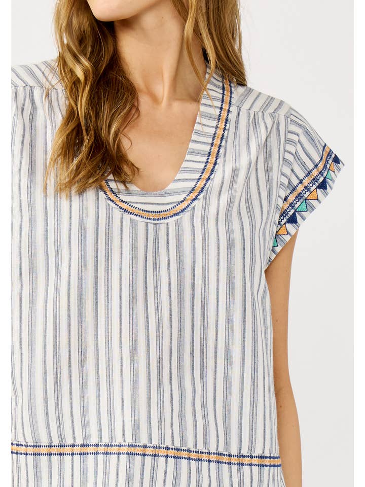 Off White Navy Embroidered Cap Sleeve Stripe Blouse for wholesale on Faire3