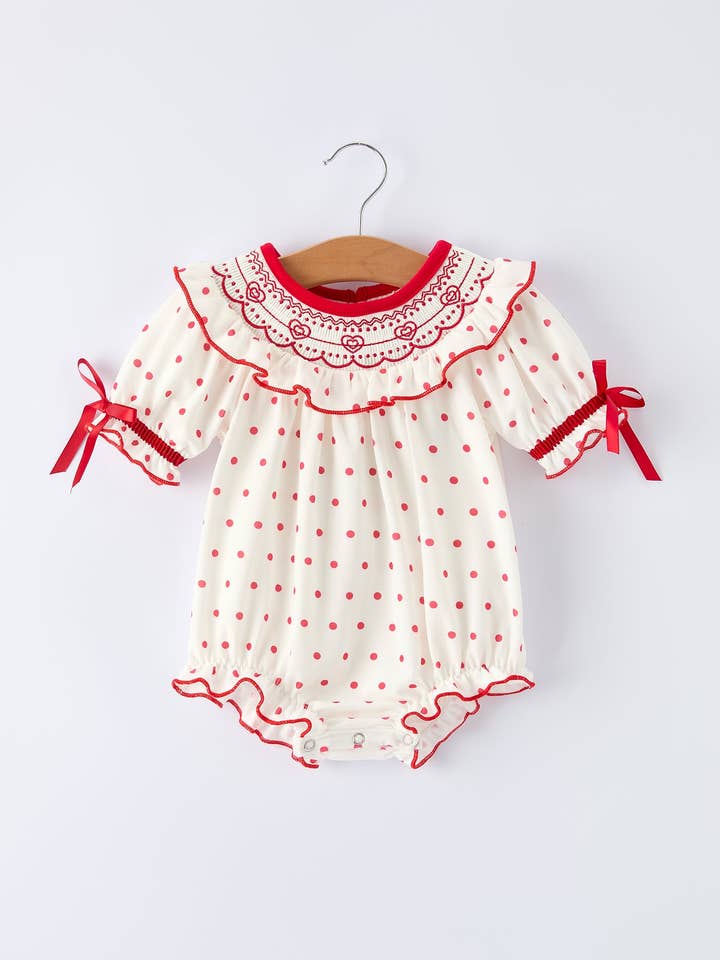 Valentine's Day Polka Dot Baby Girls Romper with Smocking Embroidery for wholesale by Rylee Faith Designs