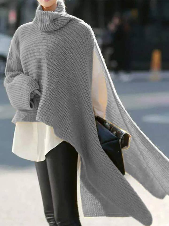 Queen Fashion – wholesale Knitted jumper – Women′s – asymmetrical turtleneck chunky knit sweater0
