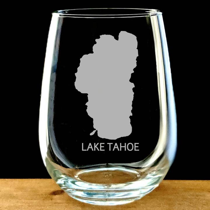 Lake Tahoe Stemless Wine Glass for wholesale by GrayFoxTradingCo