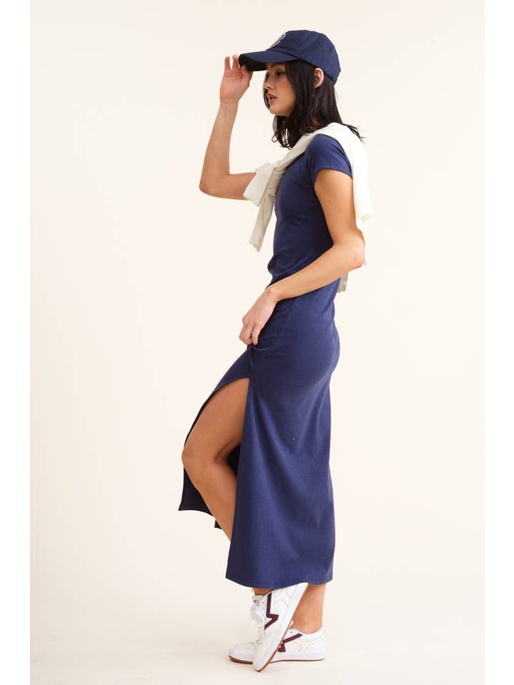 Navy Stretchy Side Slit Detail Short Sleeve Midi Dress for wholesale on Faire2