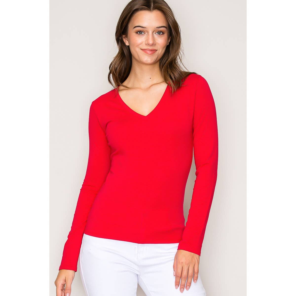Popular 21 – wholesale Knit top – Women's – V Neck Long Sleeve Cotton Long Sleeve Knit Tee3