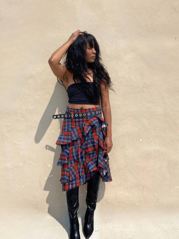 Tartan Plaid Ruffle Midi Skirt for wholesale by Rebel Reid
