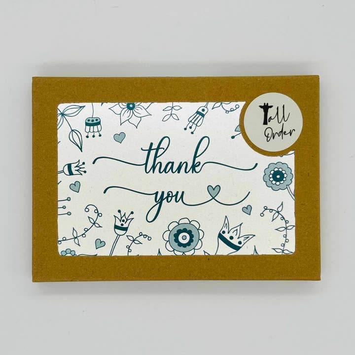 Thank You Note Card Set - Teal Floral Illustration - 8 Pack for wholesale by Tall Order