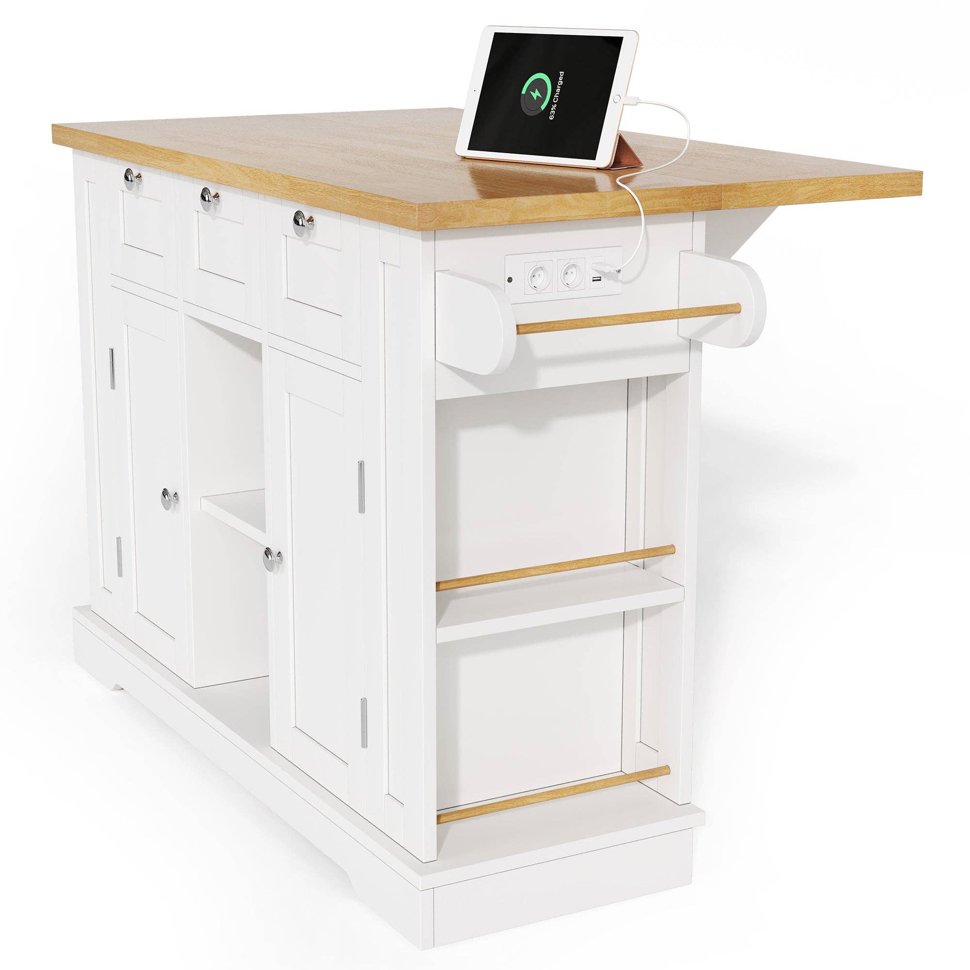 Urban Meuble - Wholesale Kitchen Storage/Organizer - White kitchen island with wood effect, extendable top, storage, and USB ports AMYLOPECT26