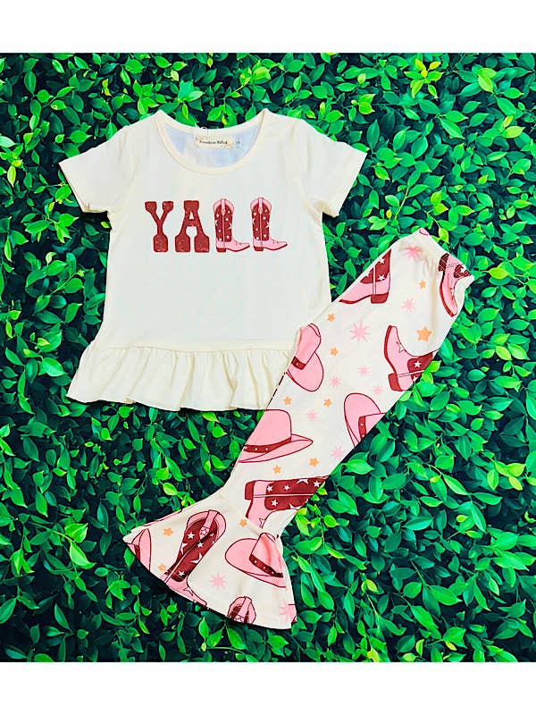 luluclothes - Wholesale Top & Pant Set - Kids - "YALL" western boots & hat girls 2pc set XCH0666-12H
