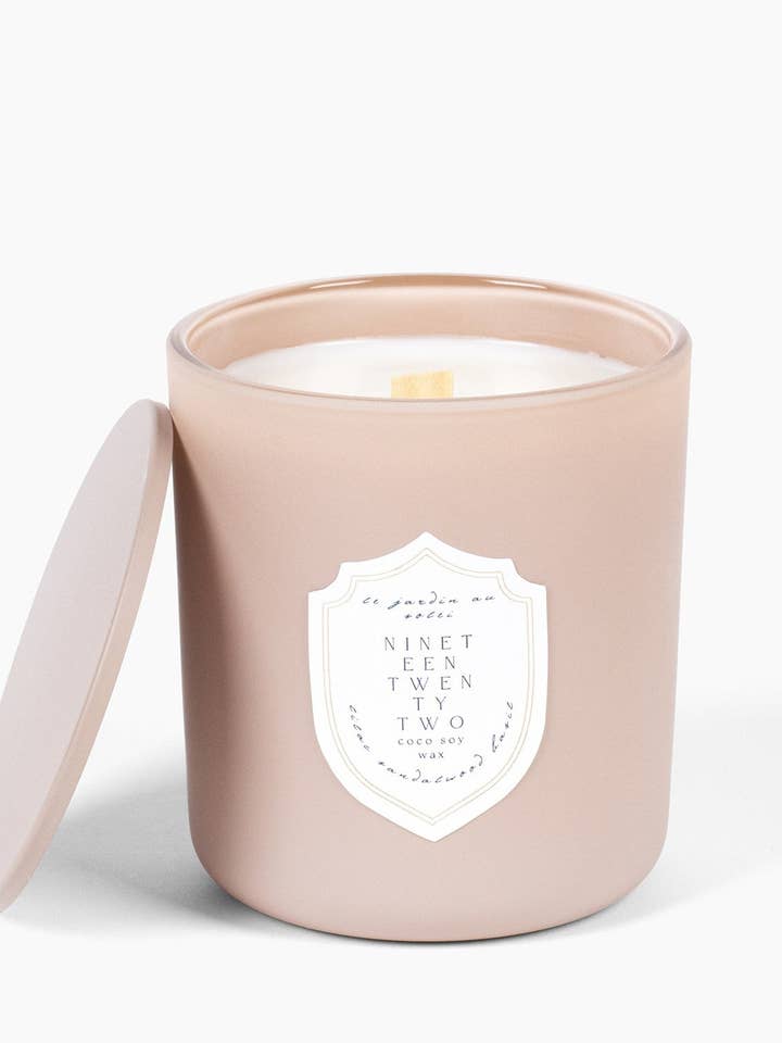 le Jardin au Soleil | Wood Wick Candle in Blush Jar with Lid for wholesale by Nineteen Twenty Two Candle Co.