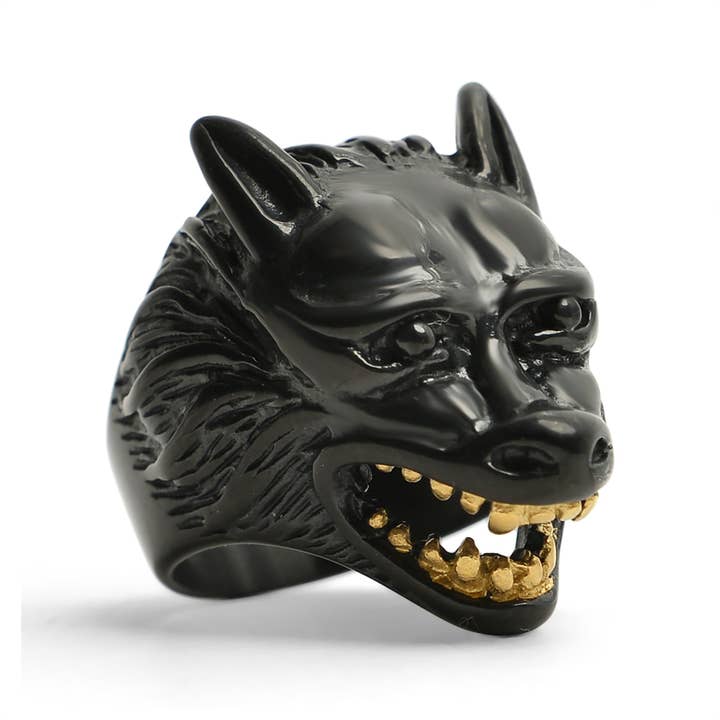WJW - Wholesale Cocktail/Statement Ring - Stainless Steel Black Wolf With 18K Gold PVD Coated Teeth Ring