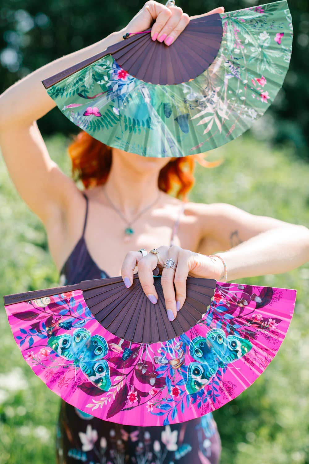 Alice Acreman Silks – wholesale Handheld folding fan – Hot pink botanical butterfly print Silk Fan with tassel2