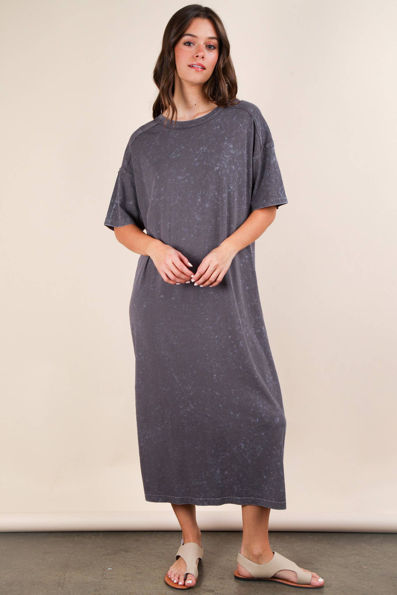 VERY J - Vente Robe – femme - Robe midi décontractée confortable lavée minérale0