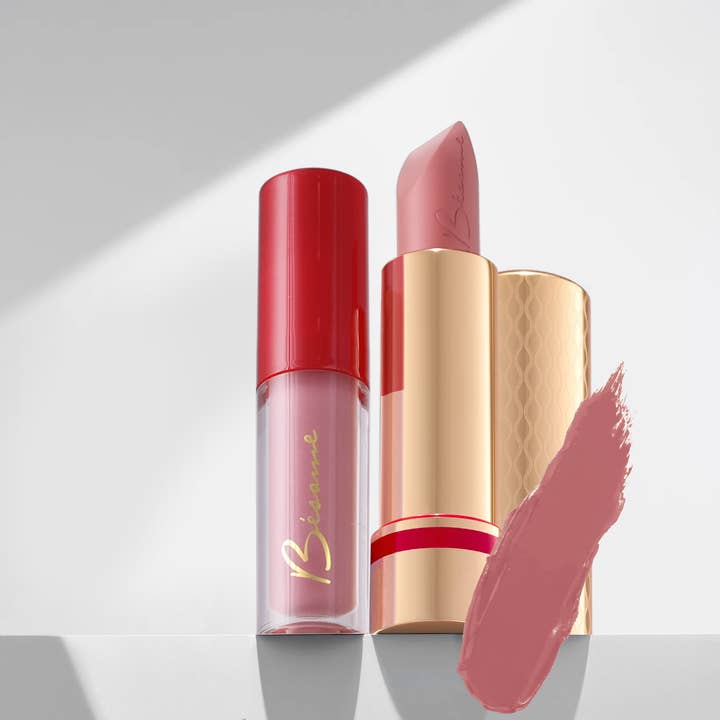 Besame Cosmetics Inc - Wholesale Lipstick - Charlie's Rose Lipstick + Glossy Balm Set - 1976