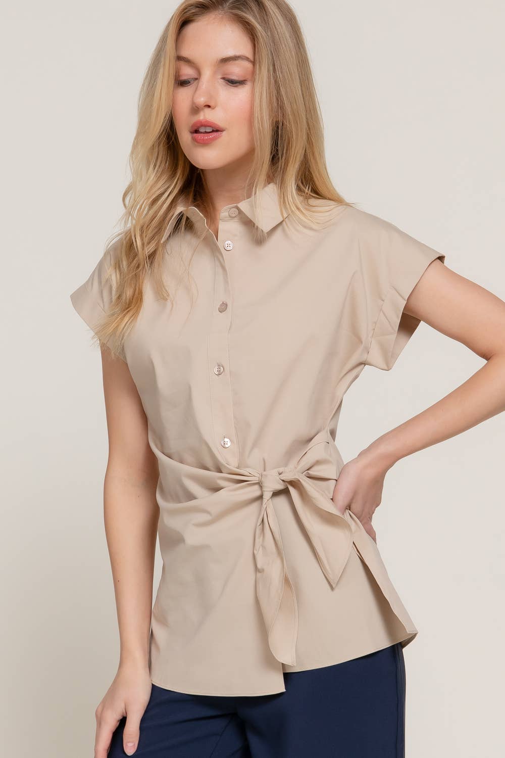 Active Basic | Active USA - Wholesale Button Down Shirt - Women's - Short Dolman Sleeve Button Down Side Knot Poplin Shirt4