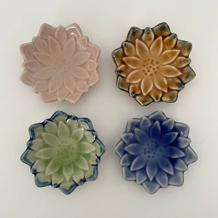 2.5" Handmade small ceramic Japanese dahlia flower dish for wholesale by fort & field
