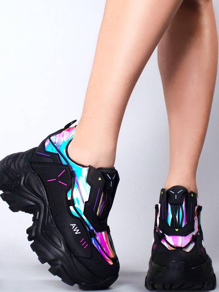 LASR - Wholesale Lifestyle Sneakers - Women's - X LASR Exclusive Watermelon 04 Neuromancer Hologram Black Platform Sneakers